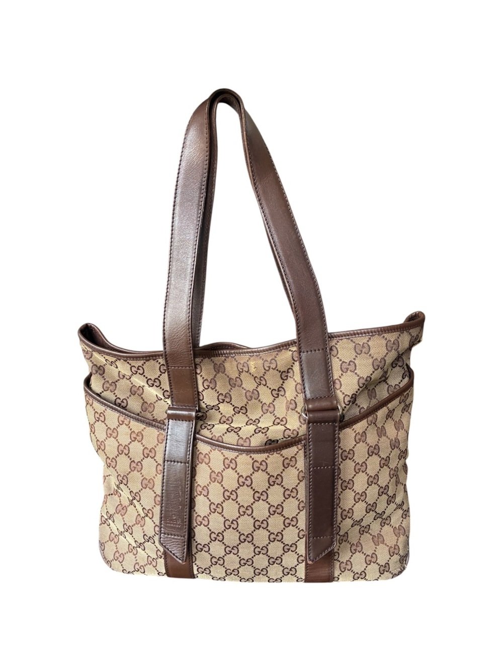 Vintage Gucci Brown Leather Trim Beige GG Monogram Tote